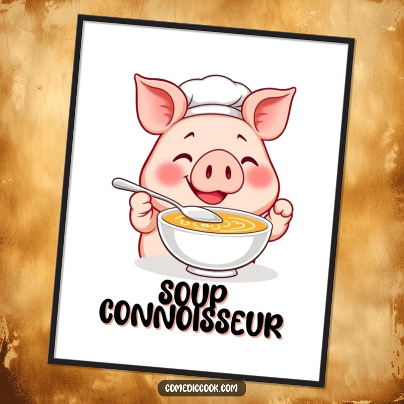 Funny Pig Chef Digital Art Print: A smiling pig chef tastes soup with a tiny spoon, a charming and humorous wall art download.
