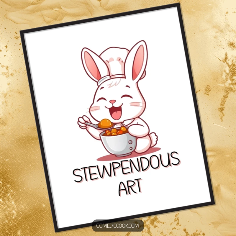 Funny Digital Art Print: A rabbit chef joyfully tastes a spoonful of hearty stew, capturing culinary happiness.