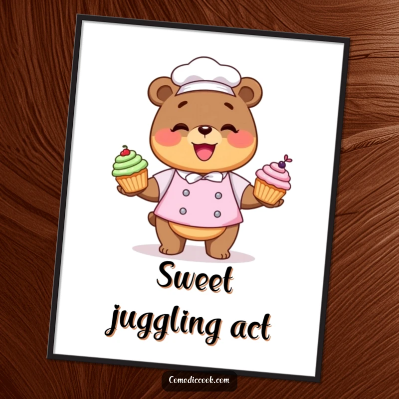 Funny Kawaii bear chef digital art print of a character juggling colorful cupcakes, vibrant and happy.