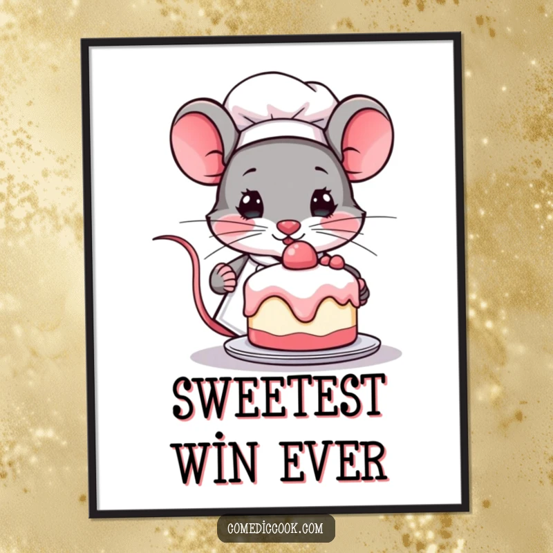 Funny Kawaii mouse chef digital art print, showing a determined cute mouse with a miniature cake. Easy to print and frame, great funny gift.