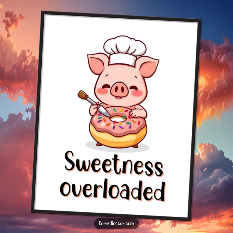 Funny Kawaii pig chef digital art print, featuring a smiling pig decorating a donut with sprinkles. Instant cheerful decor and a great funny gift.