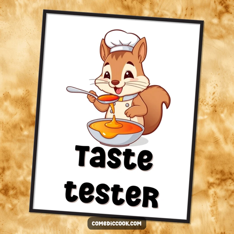 Funny squirrel chef digital art print of a playful squirrel tasting sauce from a spoon with delight, perfect for immediate download and humorous wall decor.
