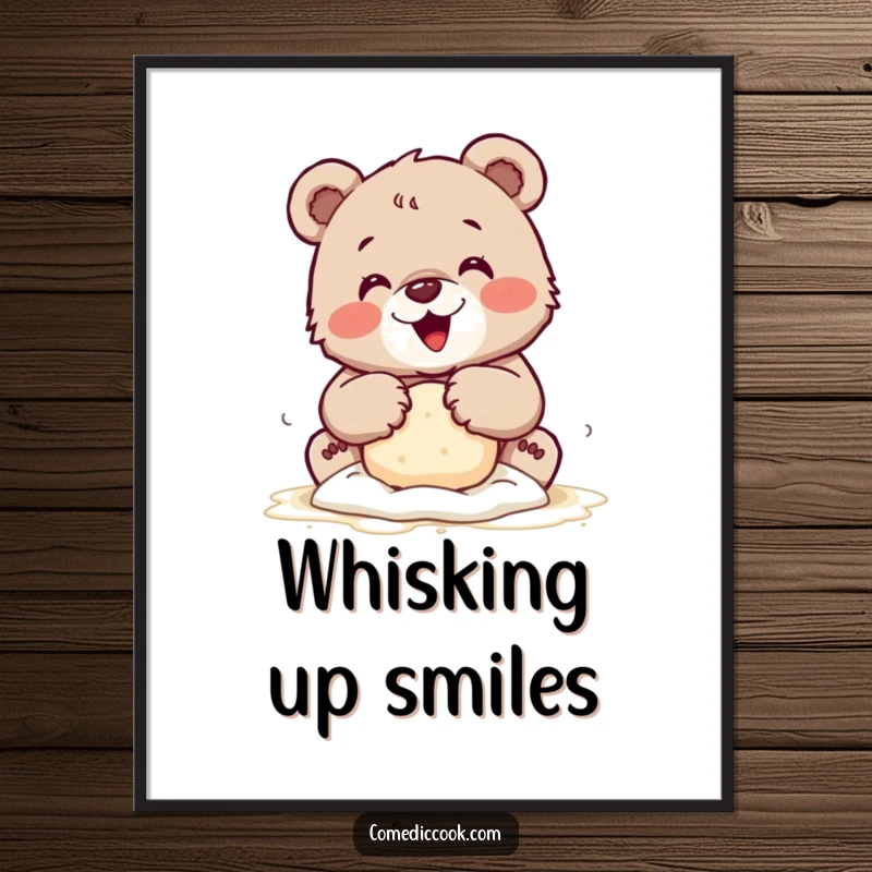 Funny digital art print of a tiny bear cub joyfully kneading dough with flour-dusted paws, adding instant sweet charm.
