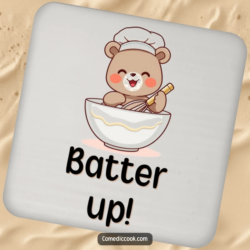 Funny bear chef drink coasters featuring a tiny whisking bear, protecting furniture and adding kitchen humor to any setting.