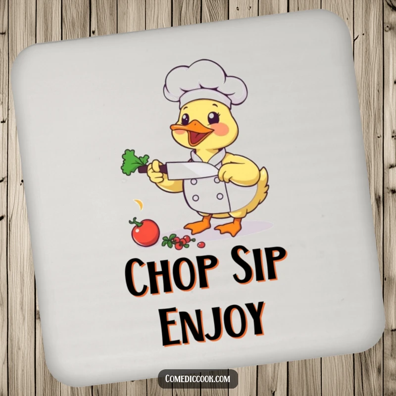 Funny Duck Chef Drink Coaster: A bouncing duck chef chops vegetables, a humorous coaster for your beverages.