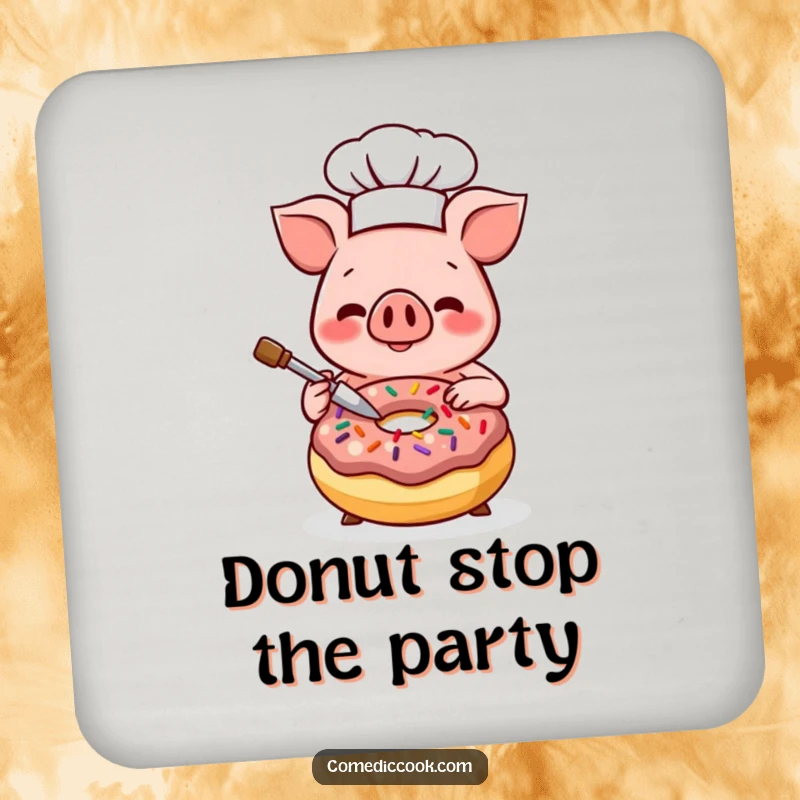 Funny Kawaii pig chef coasters, showing a smiling pig decorating a donut with sprinkles. Cute kitchen accessory and a lovely funny gift.