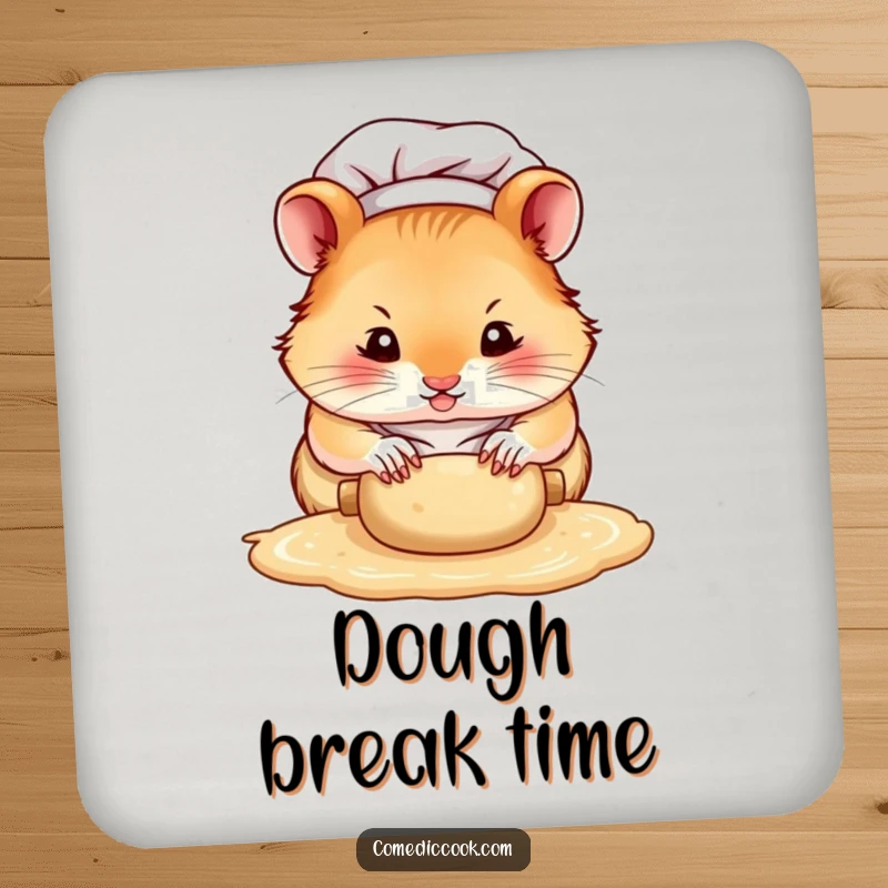 Funny hamster chef coasters, a focused character rolling dough with tiny paws, offering protection for surfaces with a humorous and baking-themed focus.