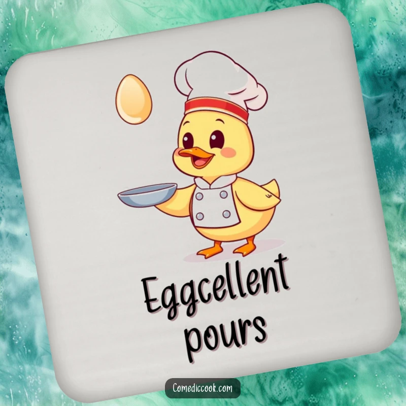 Funny Kawaii duck chef drink coaster, a giggling duck chef trying to catch a flying egg, humorous protection for surfaces.