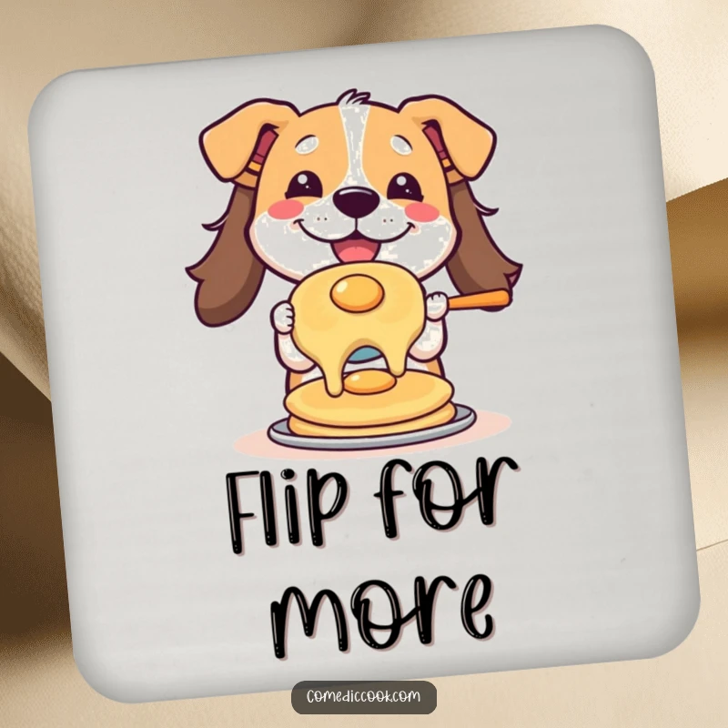 Funny drink coaster with a dog flipping a pancake, protecting surfaces with a charming and humorous culinary canine illustration, perfect for coffee tables.
