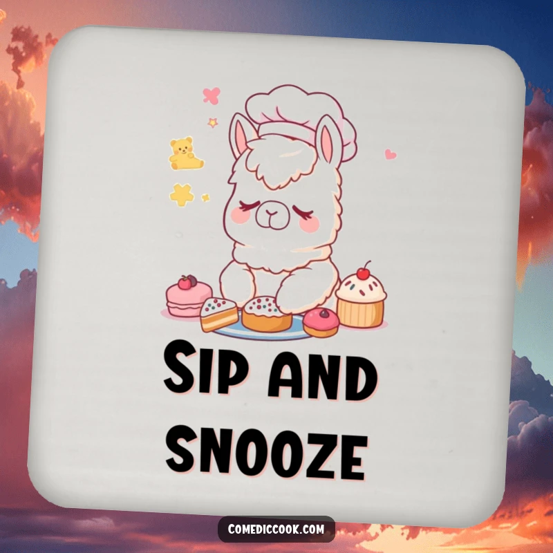 Funny Alpaca Chef Drink Coaster: A coaster featuring a sleepy alpaca chef dreaming of delicious pastries.