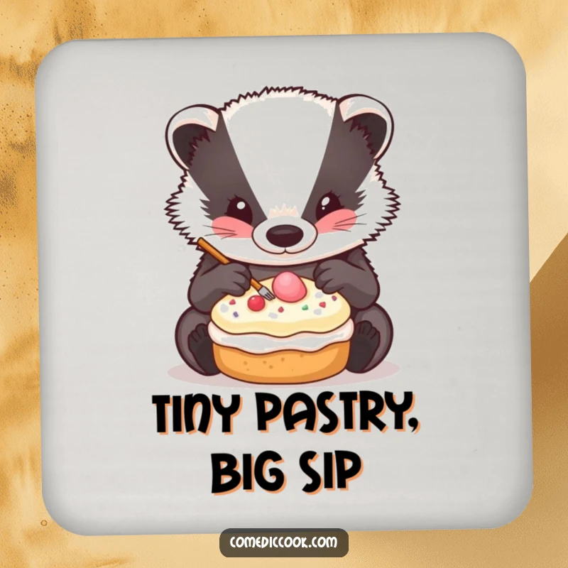 Funny Badger Decorator Drink Coaster with a badger decorating a pastry, adding detailed charm.