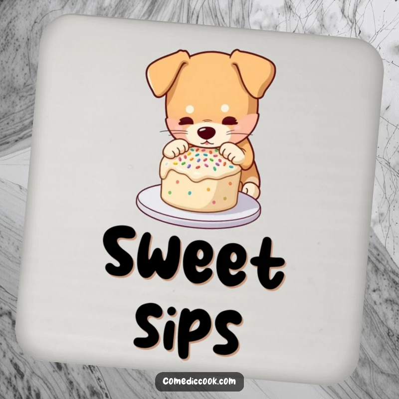 Funny drink coaster with a dog carefully decorating a cake with sprinkles, protecting surfaces with a charming and humorous baking-themed illustration.