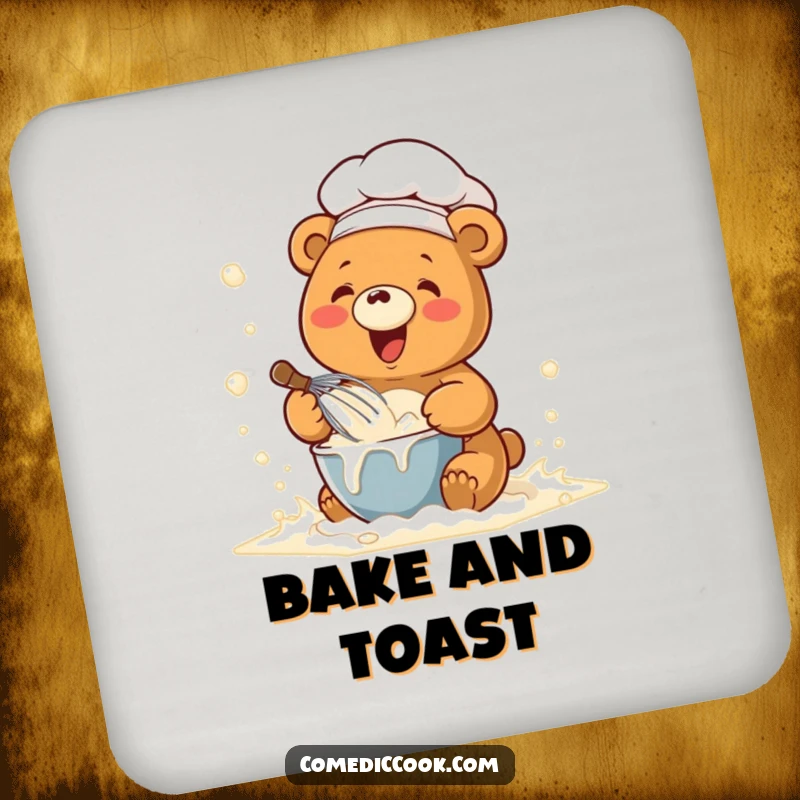 Funny drink coasters depicting a kawaii chef bear whisking batter in a flour cloud, offering humorous protection for tables.
