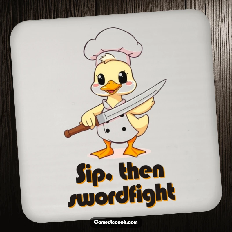 Funny duck chef coasters, a comical character wielding a spatula as a sword, offering protection for surfaces with a humorous and heroic kitchen theme.