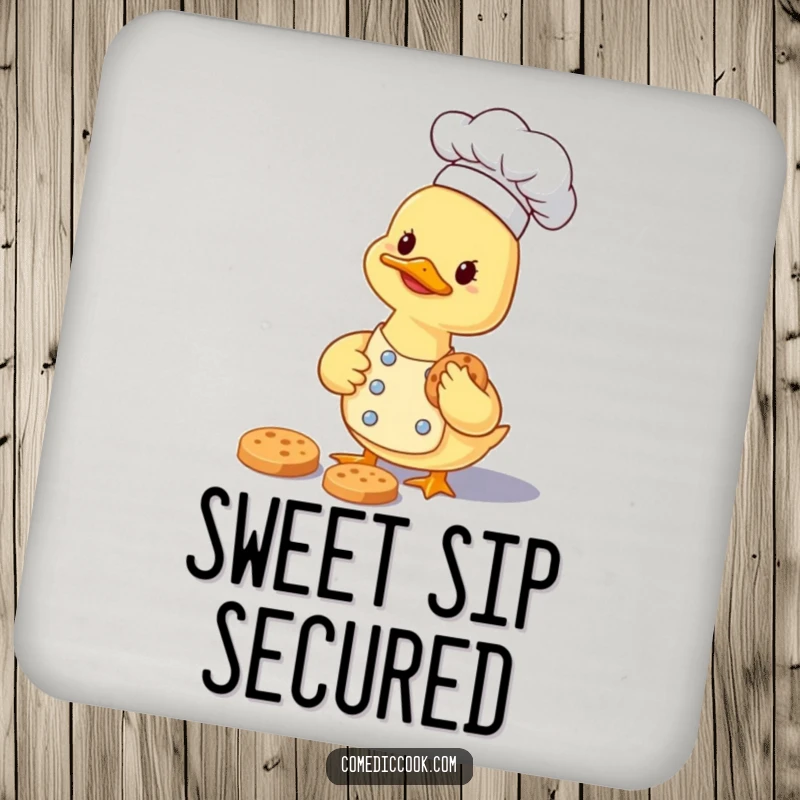 Funny smiling duckling chef carefully gathering a tiny cookie on a humorous and protective drink coaster.