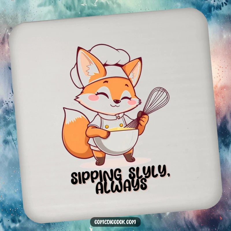 Funny Fox Chef Drink Coaster with a winking fox whisking, adding a touch of cleverness.