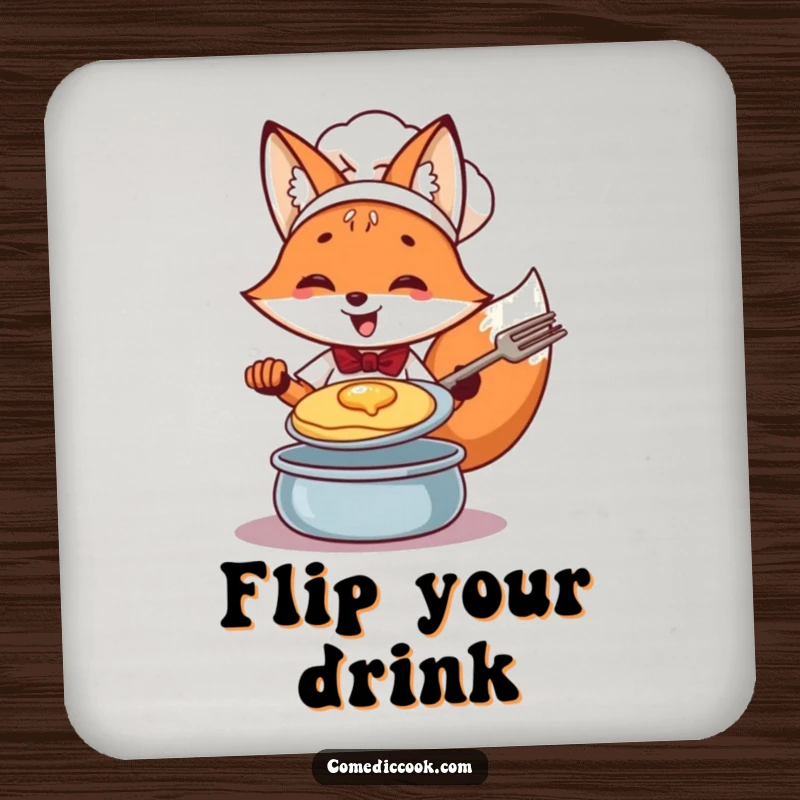 Funny Fox Chef Pancake Coaster: Cheerful fox expertly flipping a pancake, a humorous and practical drink accessory.