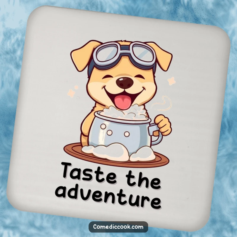 Funny drink coaster with a dog wearing goggles, tasting a bubbling pot, protecting surfaces with a humorous and experimental-themed illustration.