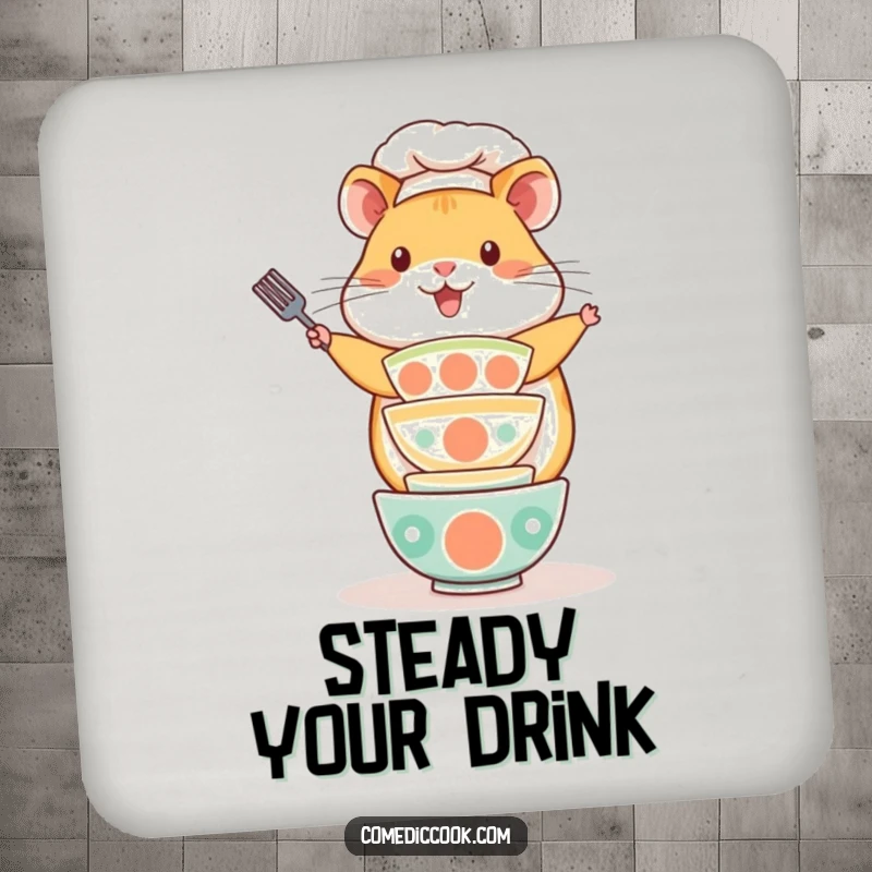 Funny Kawaii hamster chef coasters, showing a playful cute hamster balancing a stack of tiny bowls. Protects surfaces, great kitchen accessory and funny gift.