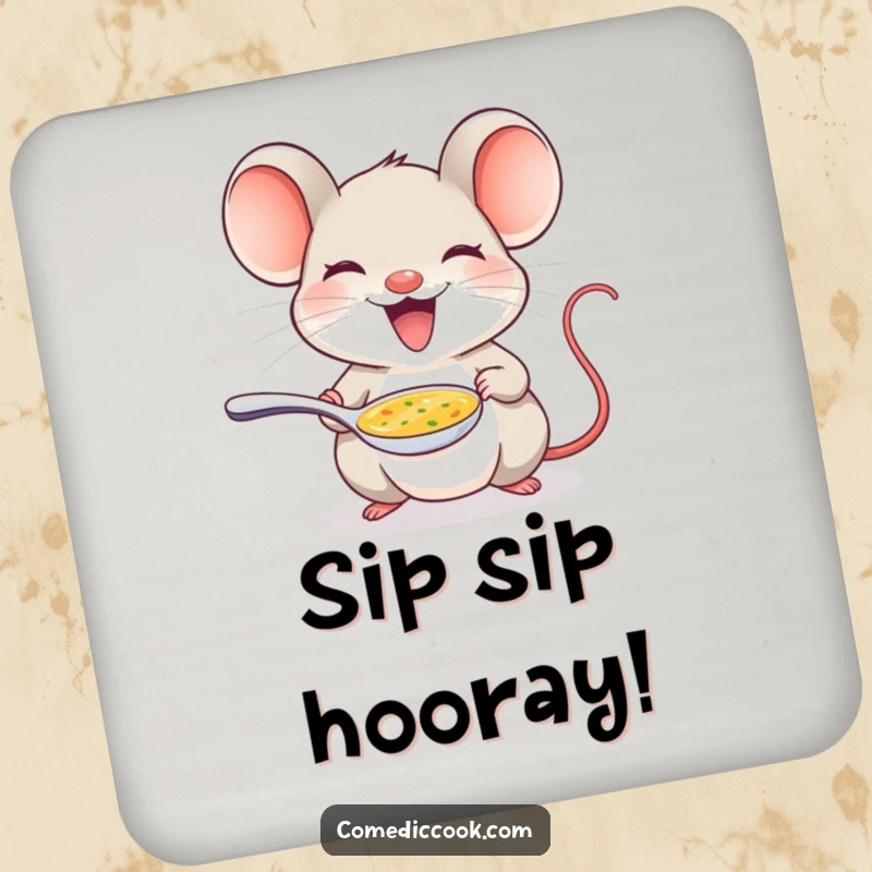 Funny mouse drink coaster depicting a delighted mouse offering a tiny spoon of soup, protecting surfaces with charm.