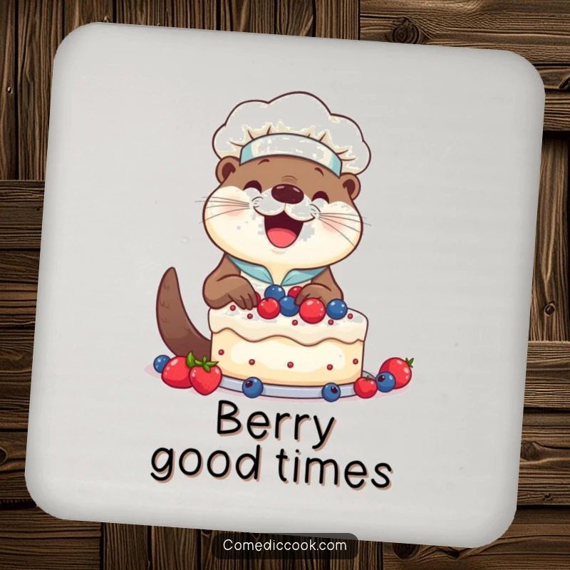 Funny Otter Chef Cake Coaster: Smiling otter happily decorating a cake with berries, a humorous and practical drink accessory.