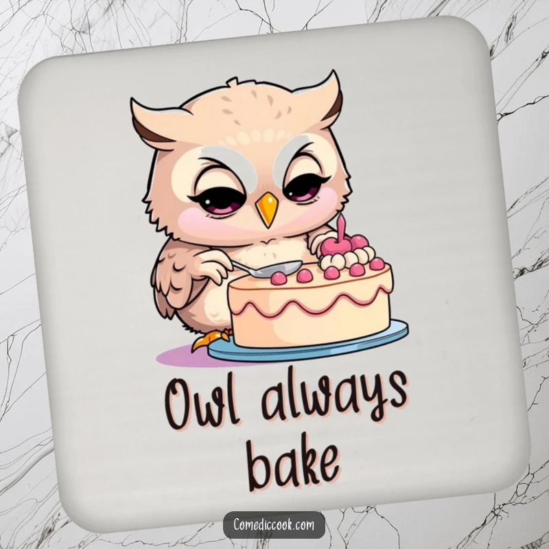 Funny owl drink coaster depicting a smiling owl baker intensely decorating a cake, protecting surfaces with humor.