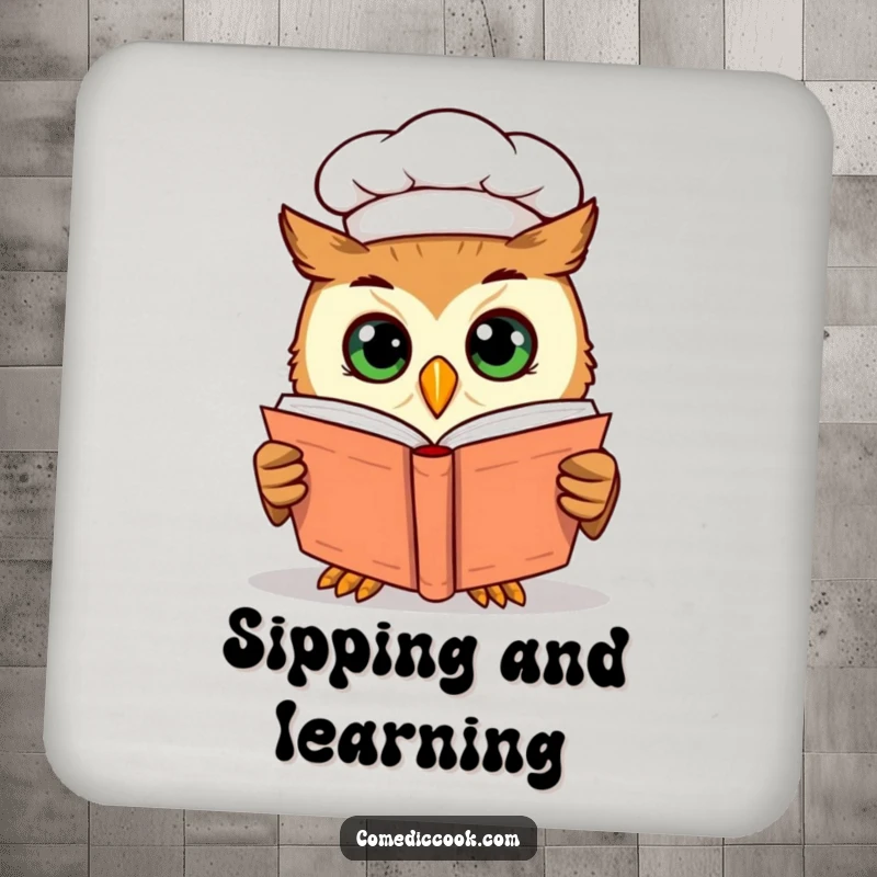 Funny owl chef peering into a cookbook, serving as a protective and humorous drink coaster for tables, preventing spills.