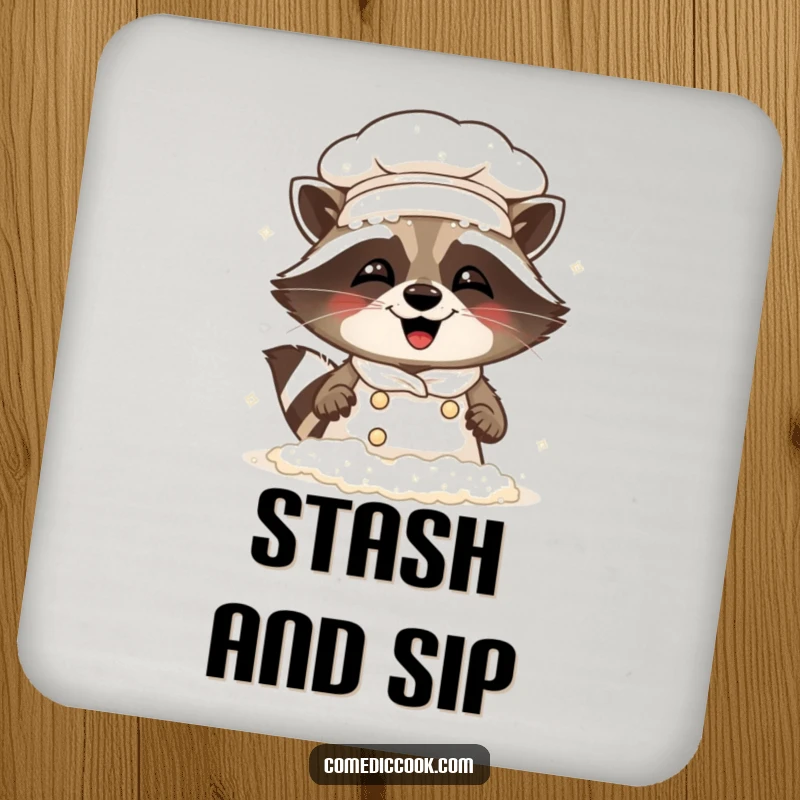 Funny Raccoon Chef Drink Coaster: A coaster featuring a giggling raccoon chef comically covered in flour.