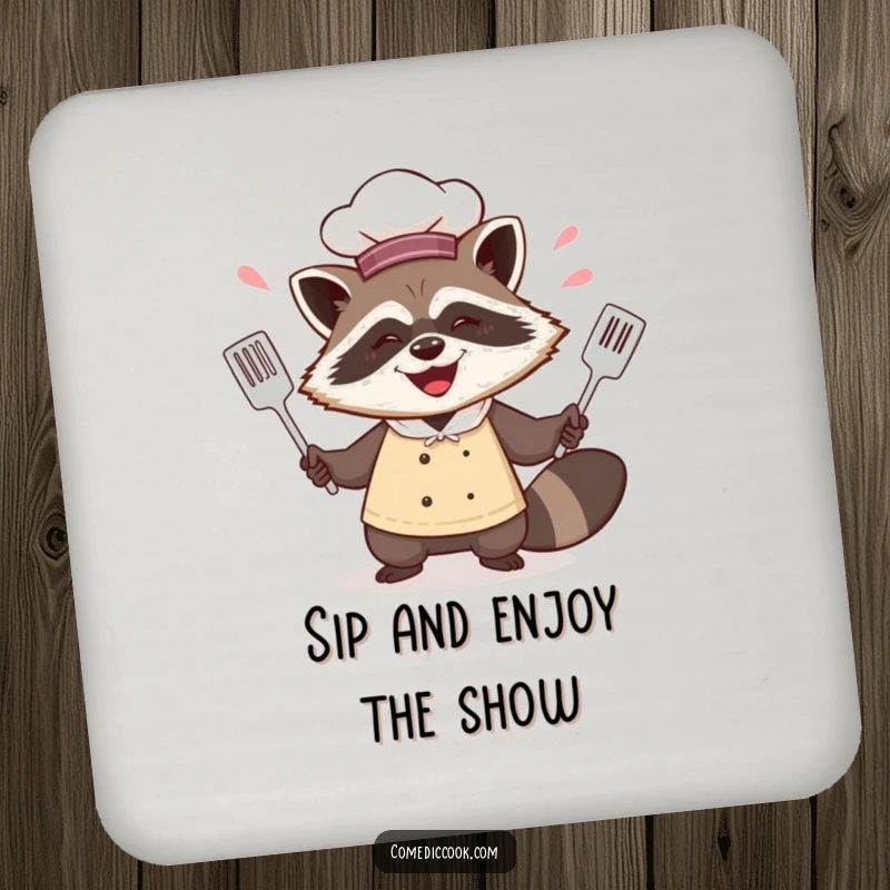 Funny raccoon chef coaster featuring him juggling spatulas with a mischievous grin, adding a touch of kitchen humor to any surface.