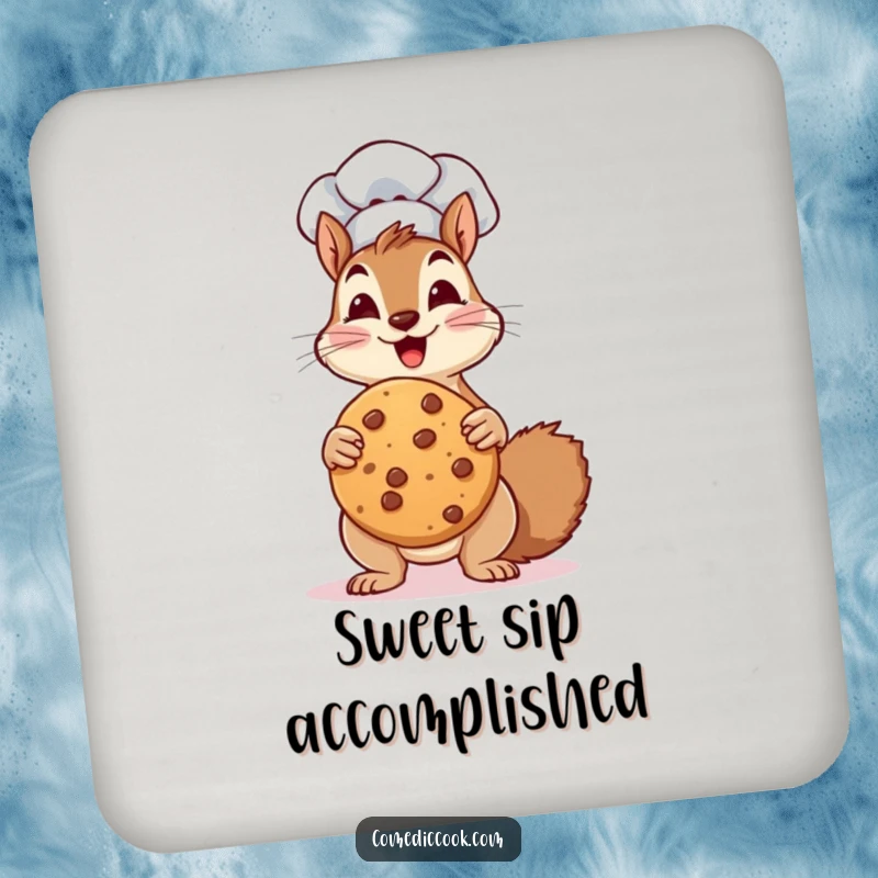 Funny Coaster: a squirrel chef enthusiastically holds a giant cookie, offering a humorous and protective accent for drink surfaces.