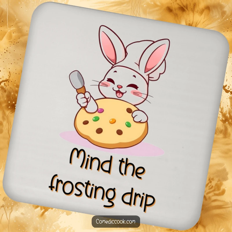 Funny Kawaii rabbit chef coaster with a cute character frosting a cookie, protecting surfaces.