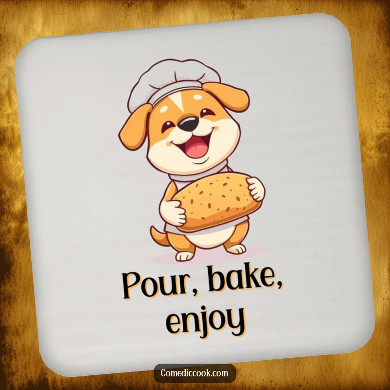 Funny Dog Chef Drink Coaster: A joyful dog chef presents bread, a humorous coaster for your beverages.