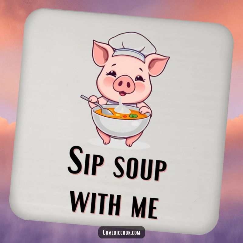 Funny pig chef presenting a steaming bowl of soup on a protective drink coaster, adding a humorous touch to table settings.