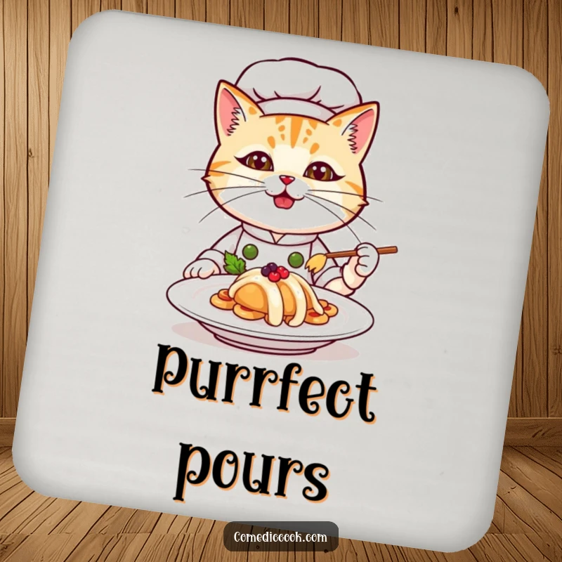 Funny cat chef coasters, a determined kitten chef presenting a fancy meal, protecting surfaces with culinary charm and wit.