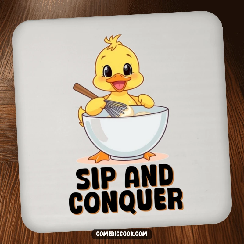 Funny duckling whisking batter on a drink coaster, protecting surfaces with a cheerful baking theme.