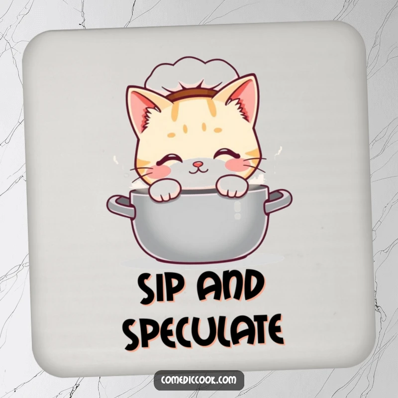 Funny Kawaii cat chef coasters, showing a curious cute cat peeking into a steaming pot. Protects surfaces, great kitchen accessory and funny gift.