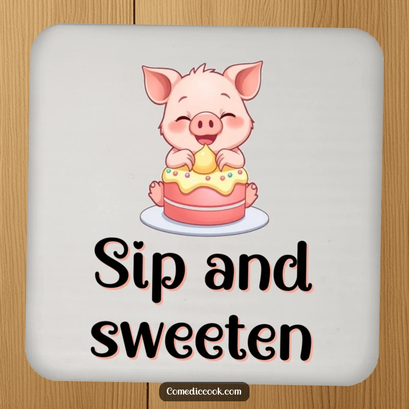 Funny drink coaster with a smiling piglet frosting a tiny cake, perfect for dessert tables.