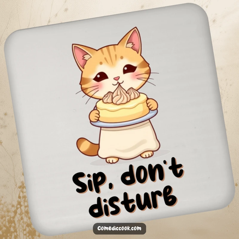 Funny Cat Baker Drink Coaster with a cat in an apron presenting a cake, protecting surfaces with style.