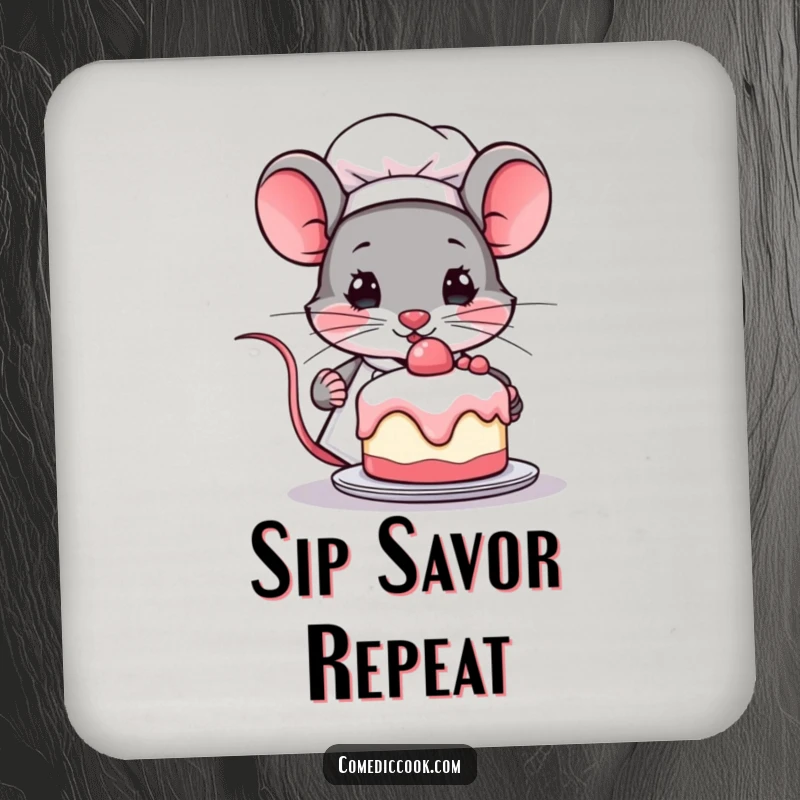 Funny Kawaii mouse chef coasters, featuring a determined cute mouse with a miniature cake. Protects surfaces, great kitchen accessory and funny gift.