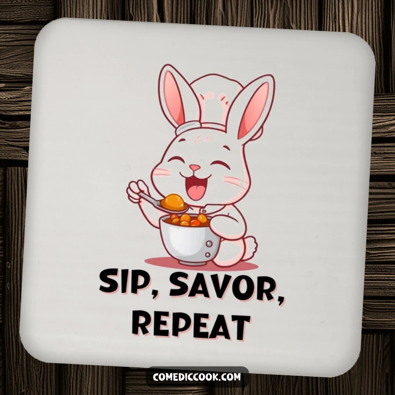 Funny Coaster: A happy rabbit chef tasting stew, providing fun and protection for your furniture.