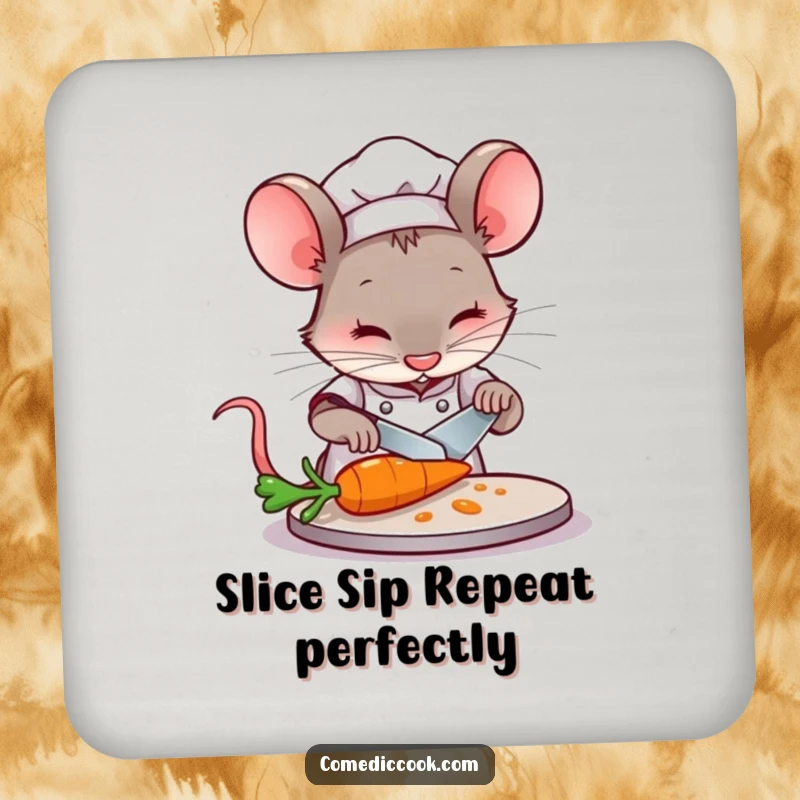 Funny Mouse Chef Drink Coaster: A concentrated mouse chef slices a carrot, a humorous coaster for your beverages.