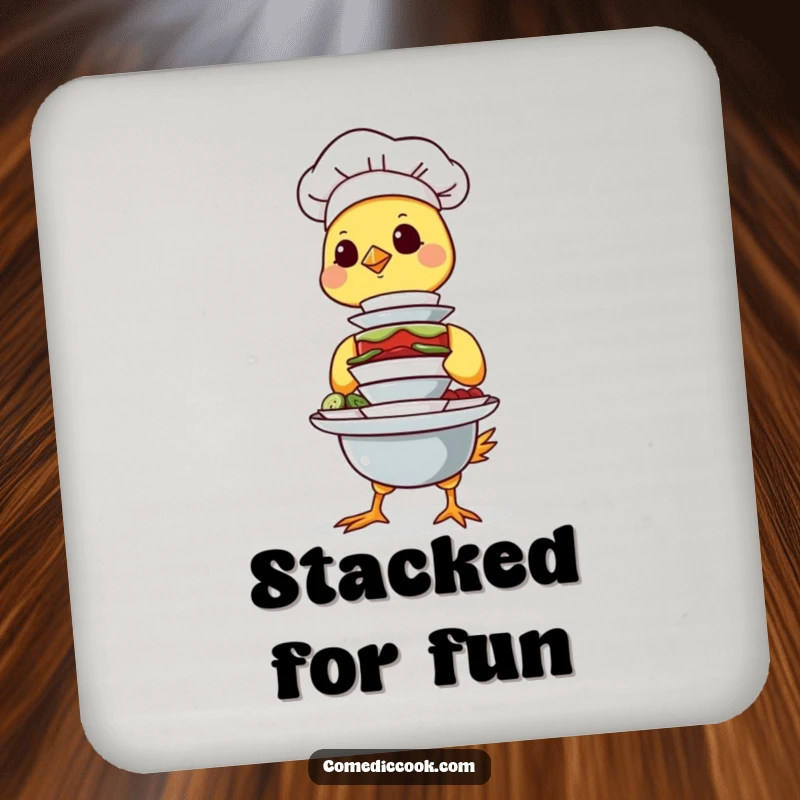 Funny Chick Chef Coaster showing a determined chick balancing a stack of tiny dishes, protecting furniture with cute humor, a great gift.