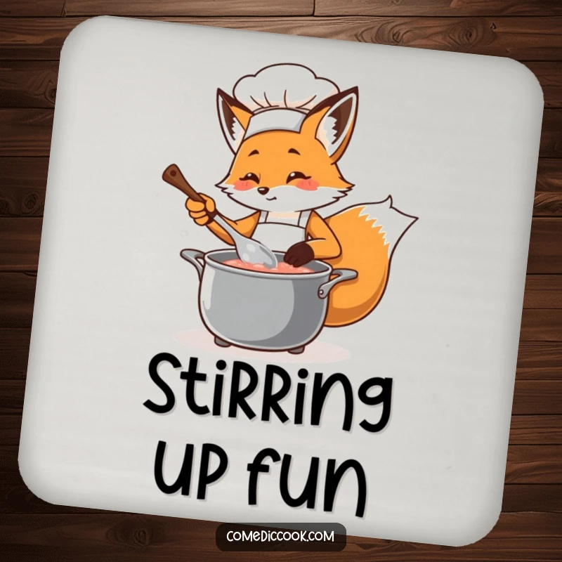 Funny fox chef stirring a bubbling pot with a ladle, serving as a protective and humorous drink coaster for tables, preventing spills.