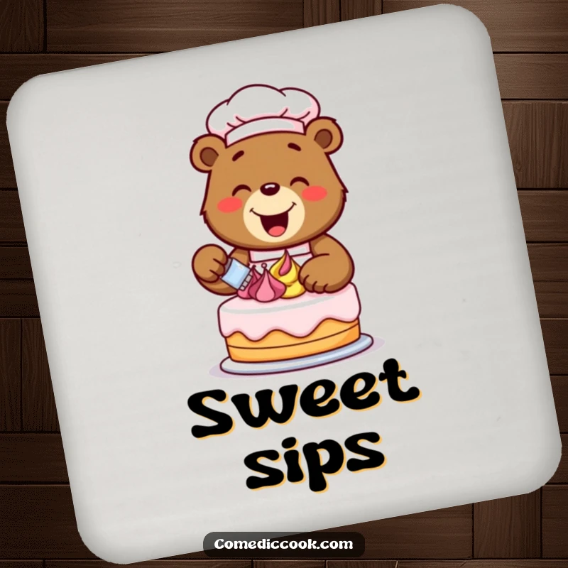 Funny bear chef decorating a cake with frosting swirls, serving as a protective and humorous drink coaster for tables, preventing spills.