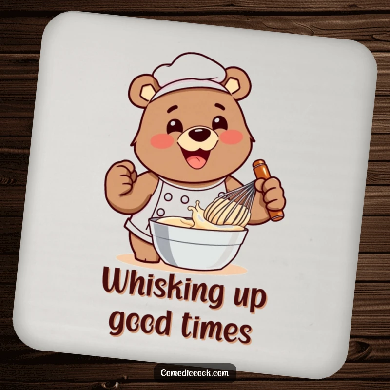 Funny bear chef coaster featuring him whisking batter with great enthusiasm, adding a touch of humor to any surface.