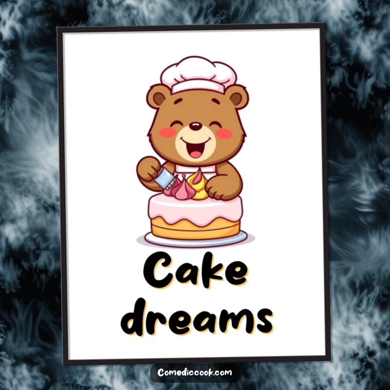 Funny, happy bear chef excitedly decorating a cake with colorful frosting swirls, creating a sweet and cheerful kitchen wall art piece.