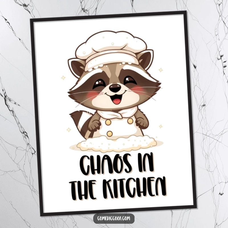 Funny Raccoon Chef Poster: Artistic print of a mischievous raccoon chef absolutely covered in flour, laughing heartily.
