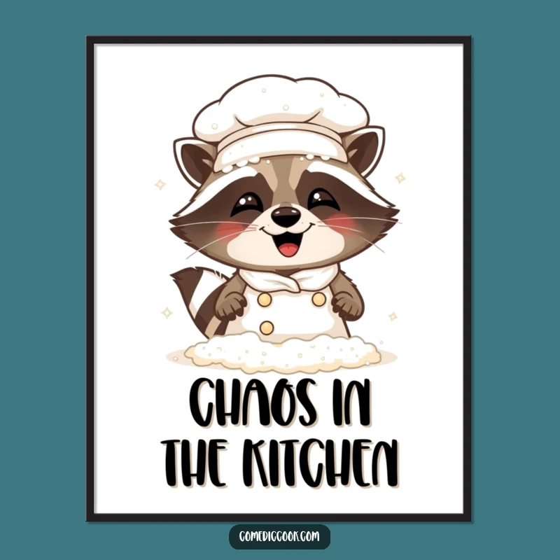 Funny Raccoon Chef Poster: Giggling Flour Disaster Art - Wall Gift