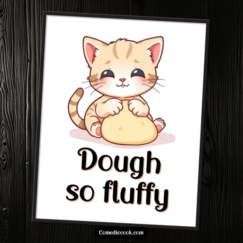 Funny kitten poster depicting a playful kitten gracefully kneading dough with tiny paws, ideal for wall decor.