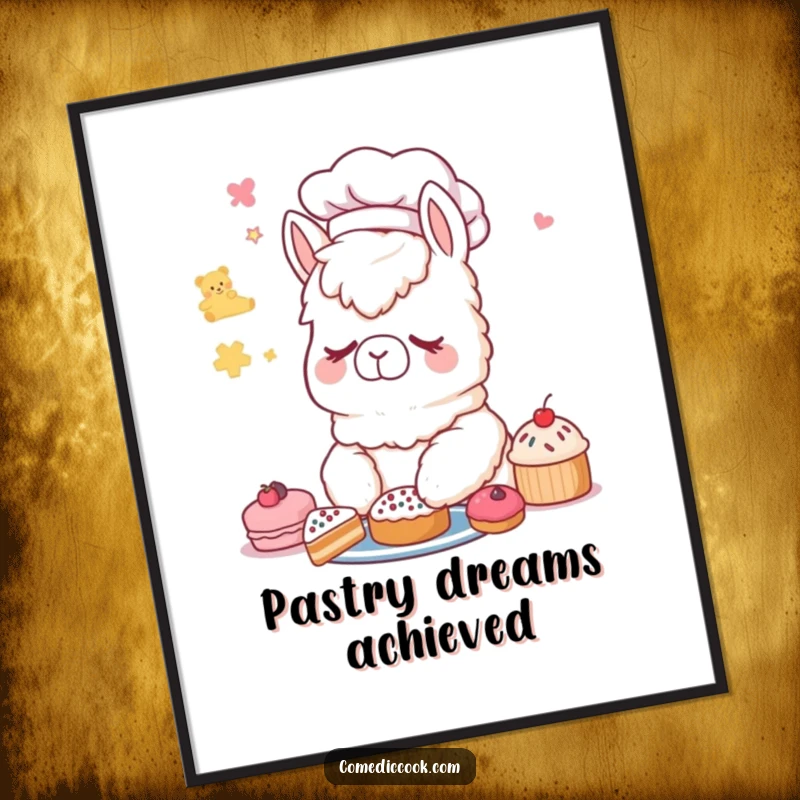 Funny Alpaca Chef Poster: Artistic print of a sleepy alpaca chef wearing a hat, dreaming of delicious pastries.